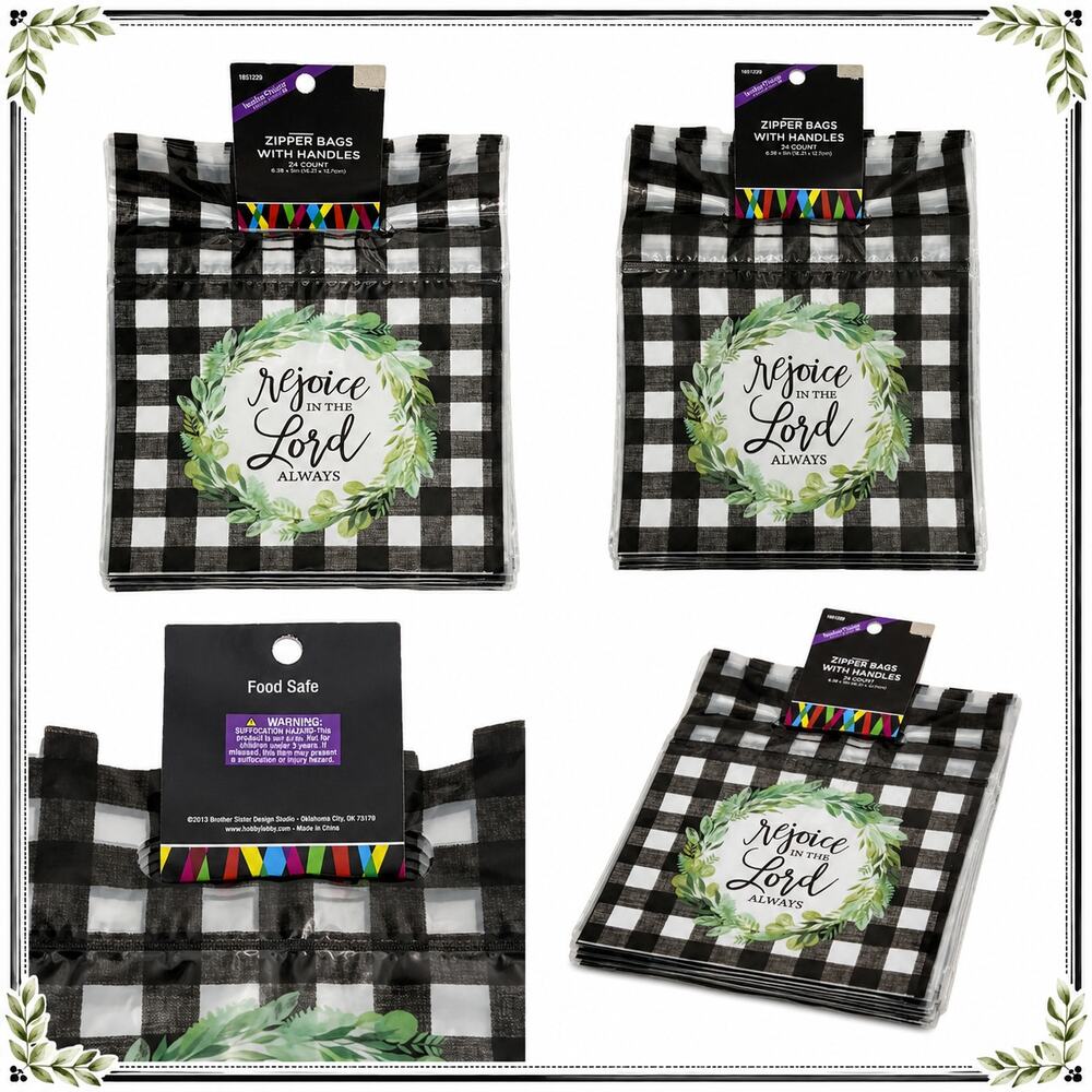 🏁🎄Rejoice in the Lord Always Gift Bags Handles 24 Ct Buffalo Check Christian